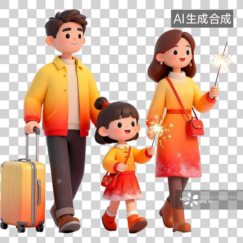 【AI数字艺术】冬季穿着喜庆衣服的一家人旅行3D立体卡通清新4D渲染插画元素图片素材