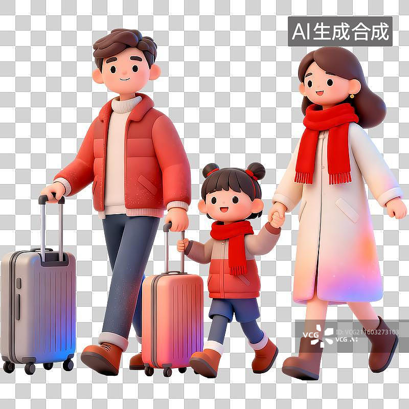 【AI数字艺术】冬季穿着喜庆衣服的一家人旅行3D立体卡通清新4D渲染插画元素图片素材