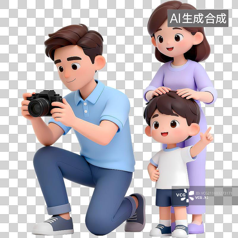 【AI数字艺术】一家人拍照互动场景3D立体卡通清新4D渲染插画元素图片素材