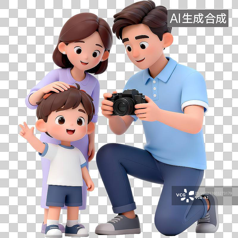 【AI数字艺术】一家人拍照互动场景3D立体卡通清新4D渲染插画元素图片素材