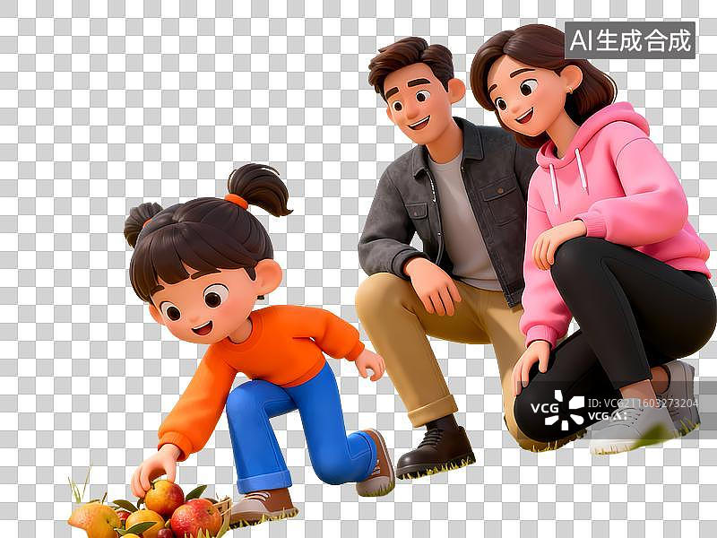 【AI数字艺术】家庭户外活动小女孩采摘水果3D立体卡通清新4D渲染插画元素图片素材