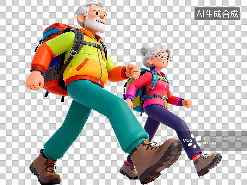 【AI数字艺术】老年夫妇户外徒步3D立体卡通清新4D渲染插画元素图片素材