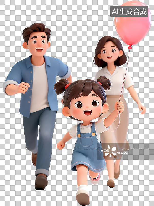 【AI数字艺术】小孩拿着气球奔跑爸爸妈妈追赶3D立体卡通清新4D渲染插画元素图片素材