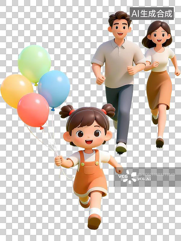 【AI数字艺术】小孩拿着气球奔跑爸爸妈妈追赶3D立体卡通清新4D渲染插画元素图片素材