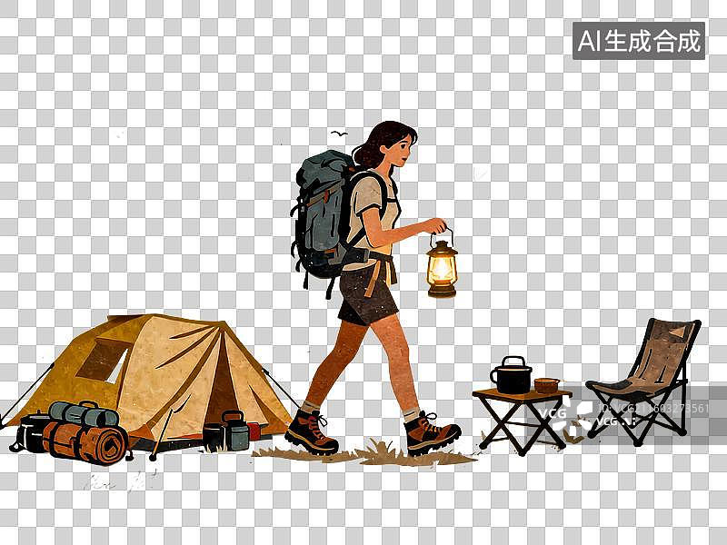 【AI数字艺术】女孩户外徒步露营记录拼贴卡通2D平面剪纸拼贴插画元素图片素材
