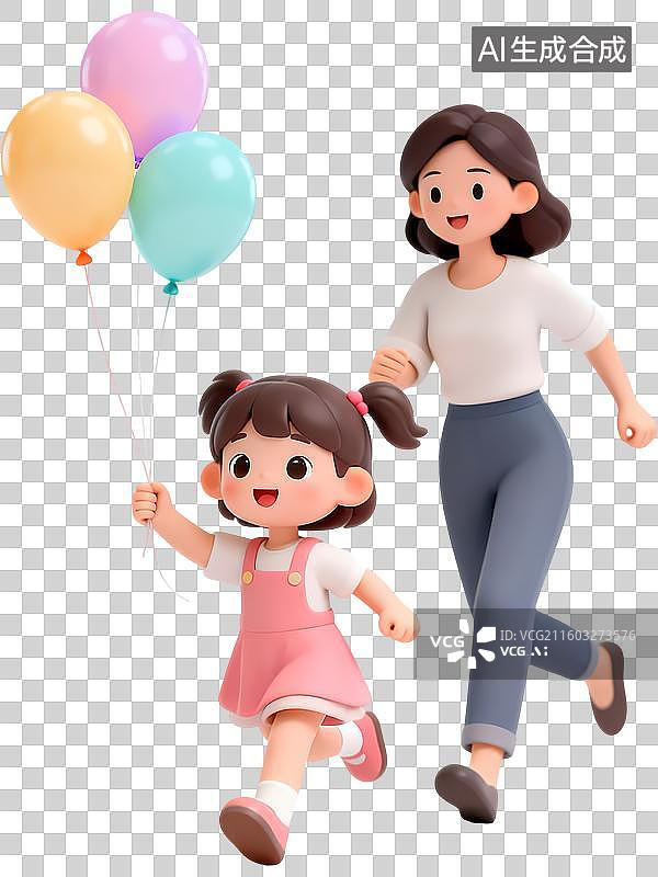 【AI数字艺术】小孩拿着气球奔跑爸爸妈妈追赶3D立体卡通清新4D渲染插画元素图片素材
