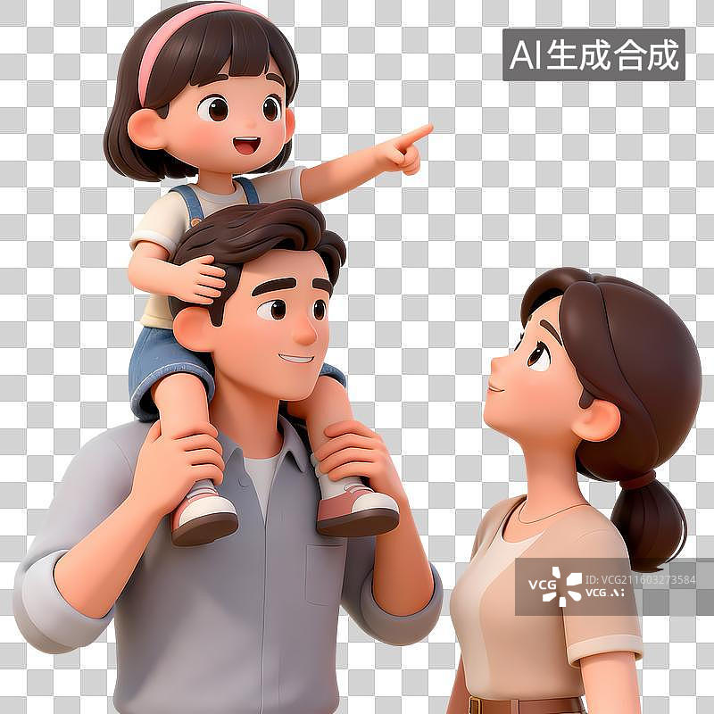 【AI数字艺术】小女孩坐在爸爸肩头亲子互动3D立体卡通清新4D渲染插画元素图片素材