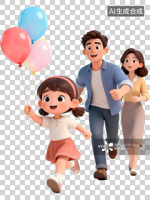 【AI数字艺术】小孩拿着气球奔跑爸爸妈妈追赶3D立体卡通清新4D渲染插画元素图片素材