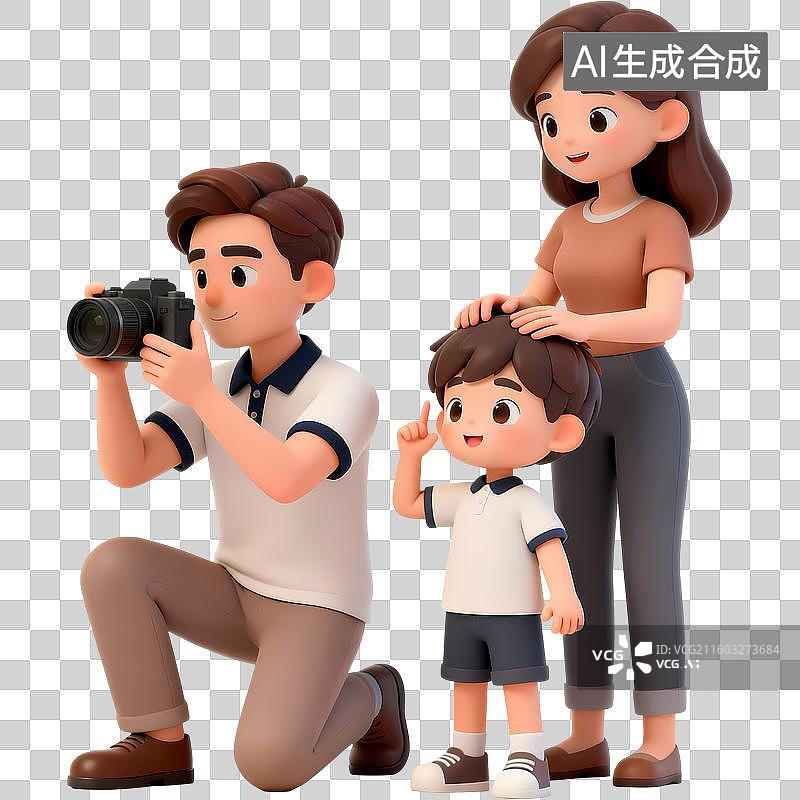 【AI数字艺术】一家人拍照互动场景3D立体卡通清新4D渲染插画元素图片素材
