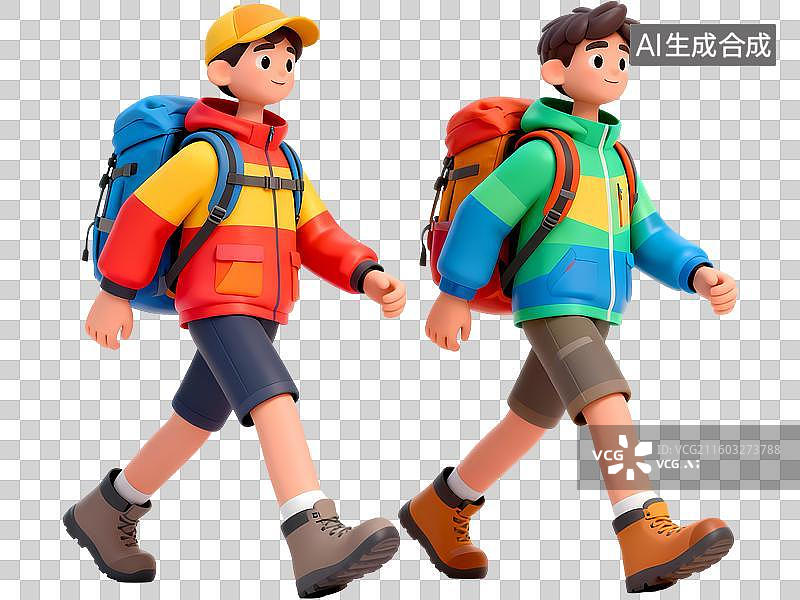【AI数字艺术】两个男孩户外徒步友谊3D立体卡通清新4D渲染插画元素图片素材