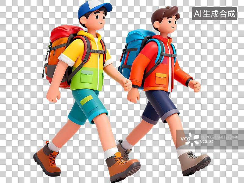 【AI数字艺术】两个男孩户外徒步友谊3D立体卡通清新4D渲染插画元素图片素材