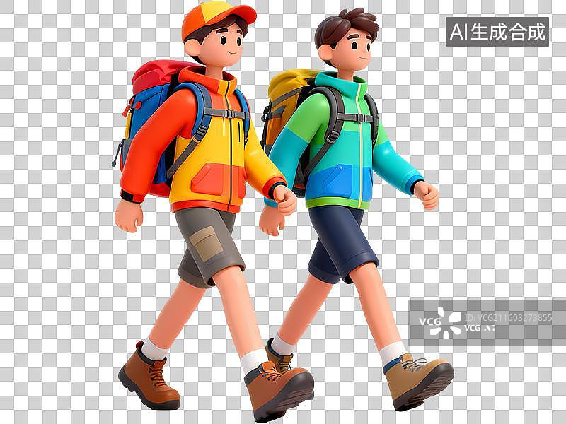【AI数字艺术】两个男孩户外徒步友谊3D立体卡通清新4D渲染插画元素图片素材