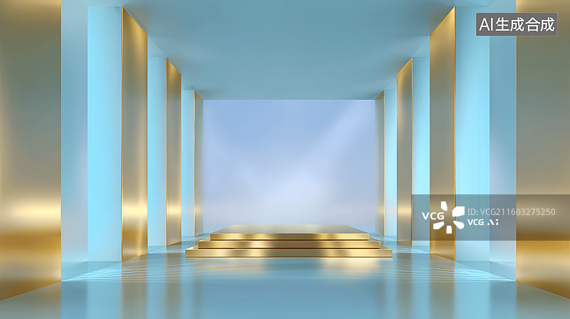 【AI数字艺术】金属质感产品展台发光建筑空间蓝色背景图片素材