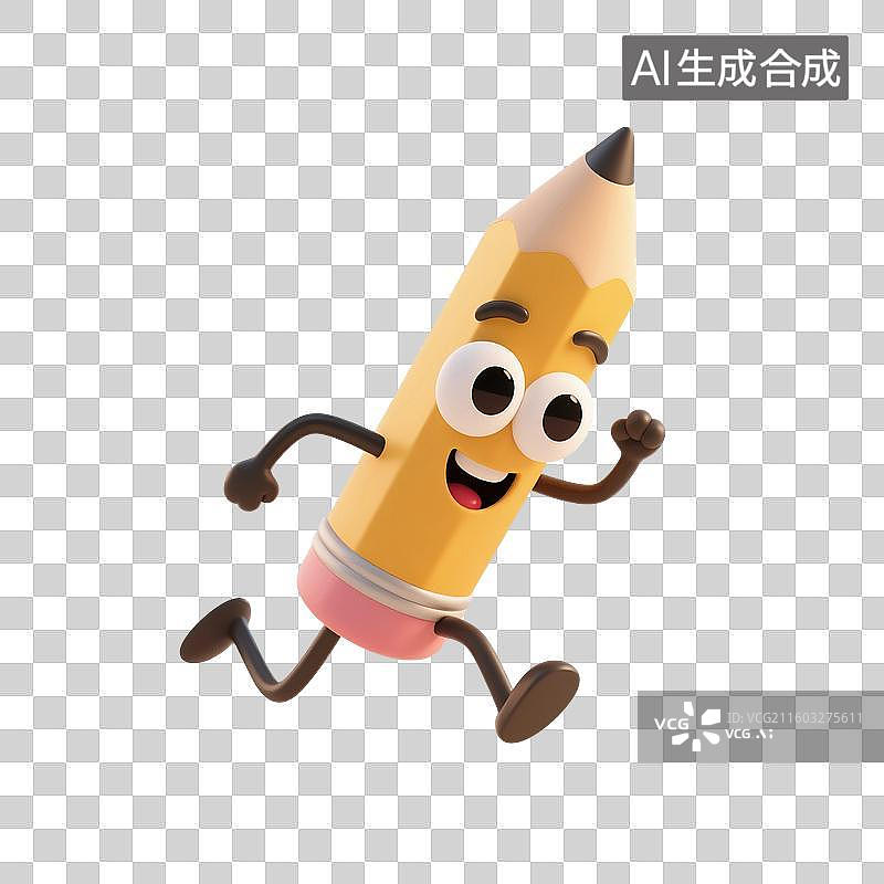 【AI数字艺术】3D渲染，奔跑的卡通拟人铅笔，铅笔，画笔，文具，高考冲刺，考试，学习，复习，开学季，促销，免抠元素图片素材