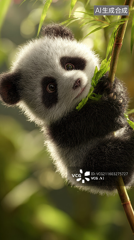 【AI数字艺术】熊猫幼崽攀爬竹枝图片素材