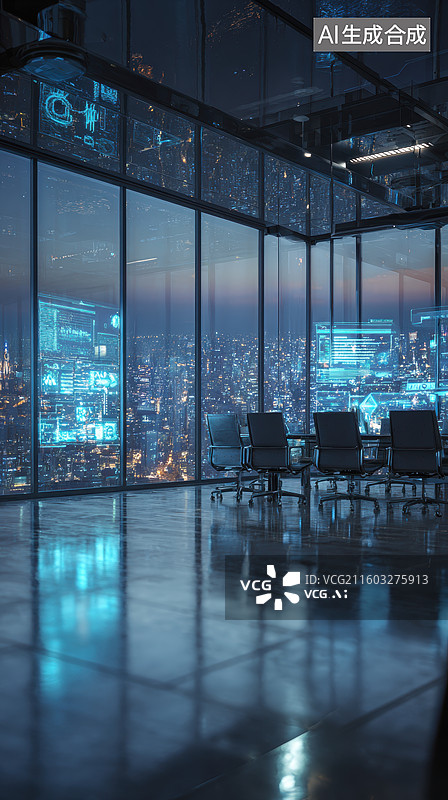 【AI数字艺术】现代办公室夜景全景图片素材