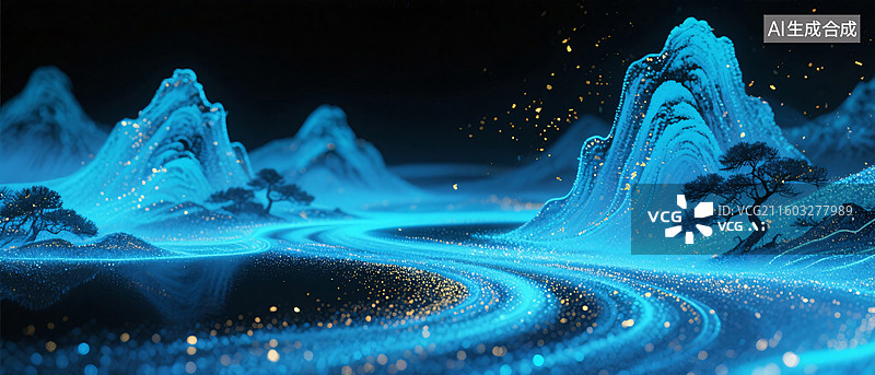 【AI数字艺术】新中式风格粒子山水画图片素材