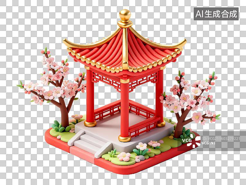 【AI数字艺术】3d红金色中国古代建筑十字脊亭图片素材