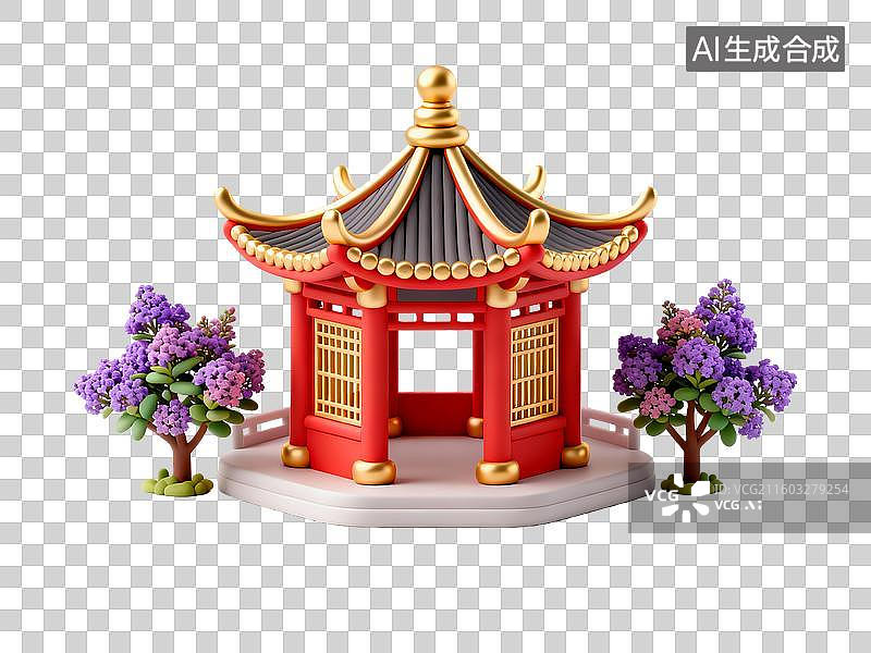 【AI数字艺术】3d红金色中国古代建筑圆角阁造型图片素材
