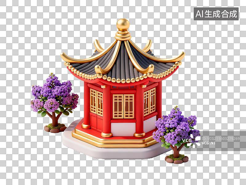【AI数字艺术】3d红金色中国古代建筑圆角阁造型图片素材
