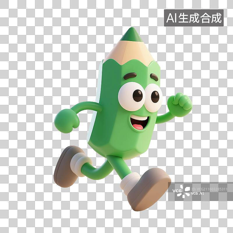 【AI数字艺术】3D渲染，奔跑的卡通拟人铅笔，铅笔，画笔，文具，高考冲刺，考试，学习，复习，开学季，促销，免抠元素图片素材