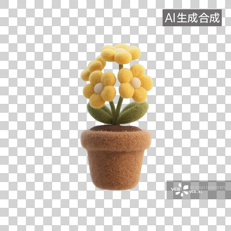【AI数字艺术】3D渲染，羊毛毡质感，卡通花朵盆栽，免抠元素图片素材