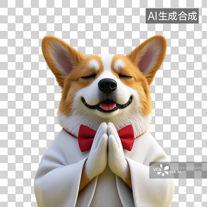 【AI数字艺术】3D渲染卡通动物，双手合十，许愿的小狗，柯基犬，宠物狗，佛系宠物狗，许愿，愿望，祈福，祈祷，免抠元素图片素材
