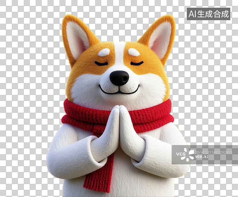 【AI数字艺术】3D渲染卡通动物，双手合十，许愿的小狗，柯基犬，宠物狗，佛系宠物狗，许愿，愿望，祈福，祈祷，免抠元素图片素材