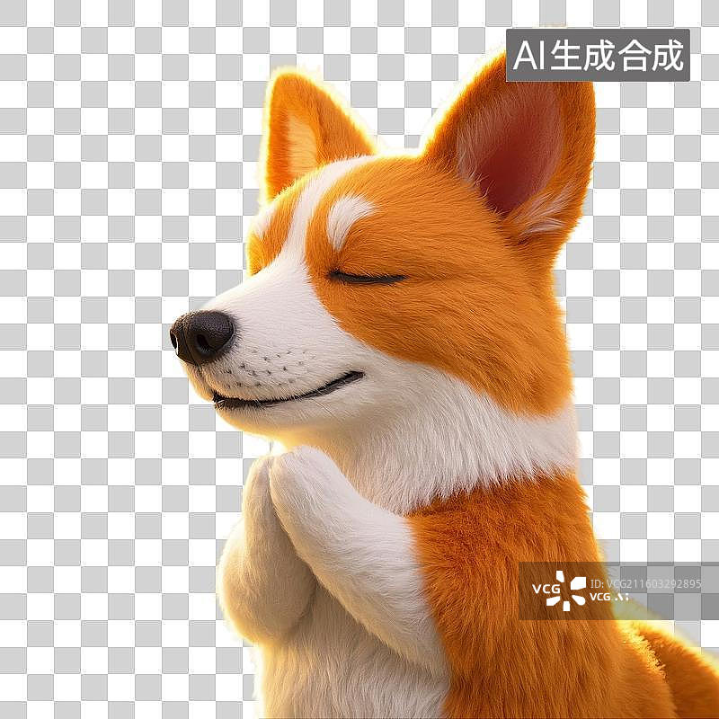 【AI数字艺术】3D渲染卡通动物，双手合十，许愿的小狗，柯基犬，宠物狗，佛系宠物狗，许愿，愿望，祈福，祈祷，免抠元素图片素材