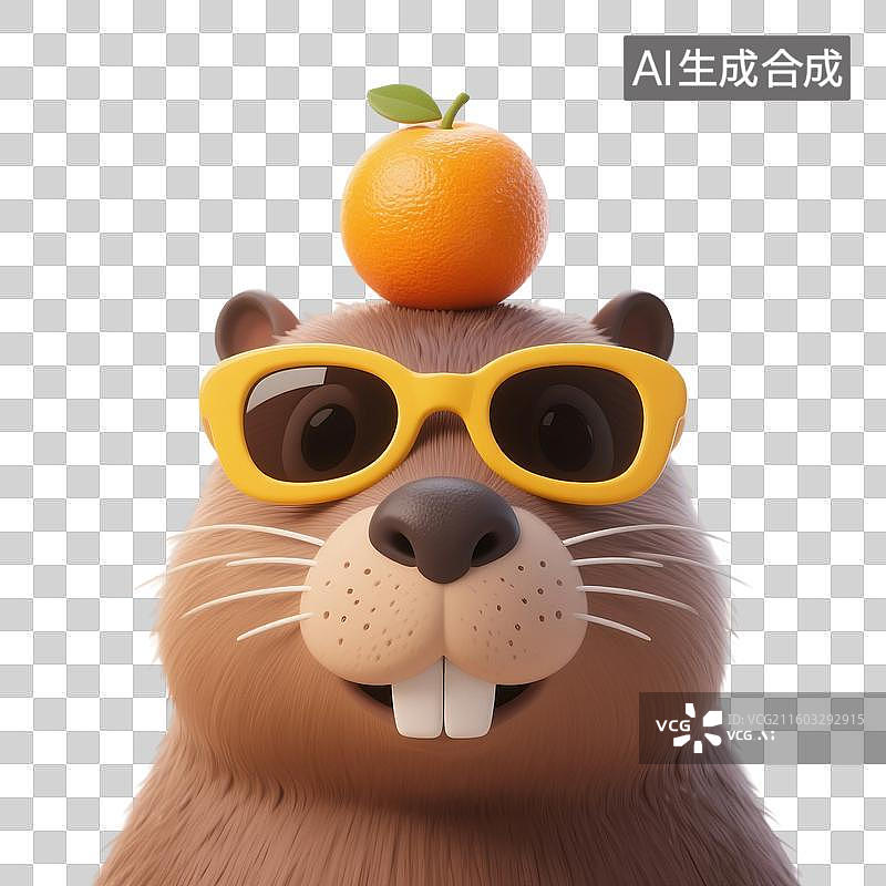 【AI数字艺术】3D渲染可爱的卡通动物，卡皮巴拉，水豚，夏天的卡皮巴拉戴着墨镜，脑袋上顶着一个橘子，免抠元素图片素材