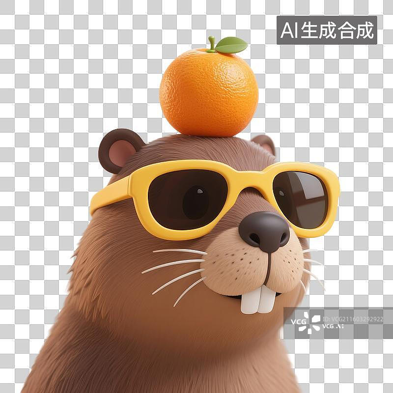 【AI数字艺术】3D渲染可爱的卡通动物，卡皮巴拉，水豚，夏天的卡皮巴拉戴着墨镜，脑袋上顶着一个橘子，免抠元素图片素材