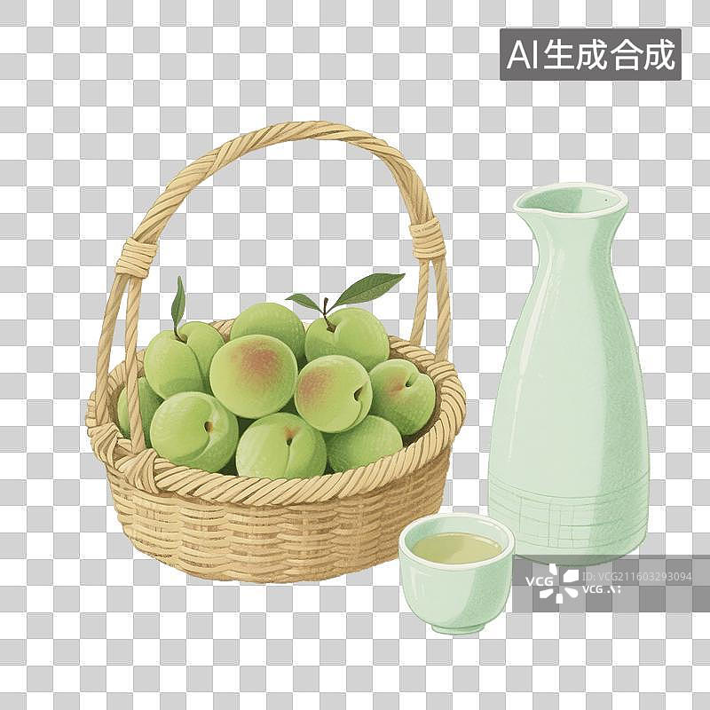 【AI数字艺术】国风手绘插画，青梅酒，梅子酒，米酒，酒壶，酒坛子，酒杯，传统文化，酒文化，免抠元素图片素材
