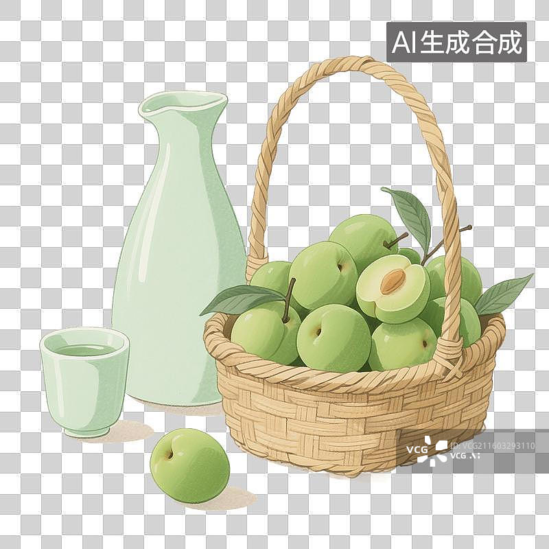 【AI数字艺术】国风手绘插画，青梅酒，梅子酒，米酒，酒壶，酒坛子，酒杯，传统文化，酒文化，免抠元素图片素材