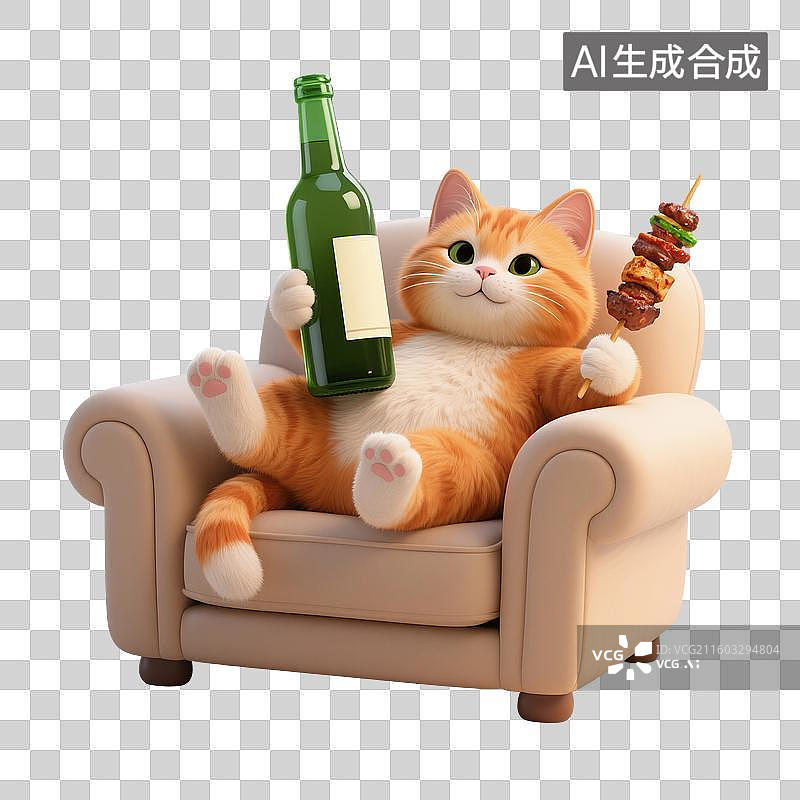 【AI数字艺术】3D渲染卡通动物，一只小猫坐在沙发上，喝啤酒，吃烤串，免抠元素图片素材