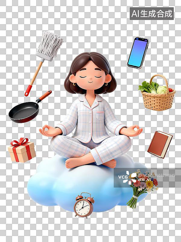 【AI数字艺术】3D卡通人物忙碌的妈妈在云彩上静心瑜伽，周围环绕着生活用品图片素材