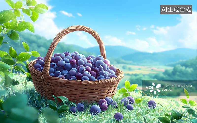 【AI数字艺术】果园里竹篮装满蓝莓图片素材