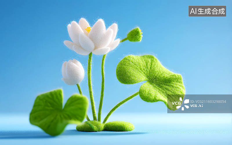 【AI数字艺术】毡毛卡通风格白色的荷花图片素材