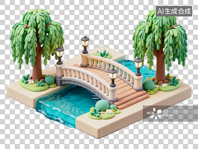 【AI数字艺术】3d粘土质感立春小桥流水场景元素图片素材