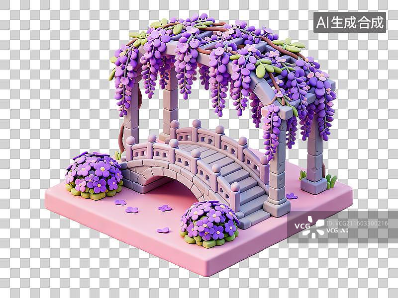 【AI数字艺术】3d粘土质感立春紫藤花石桥场景图片素材