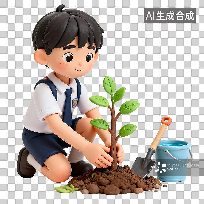 【AI数字艺术】可爱孩童植树场景图片素材