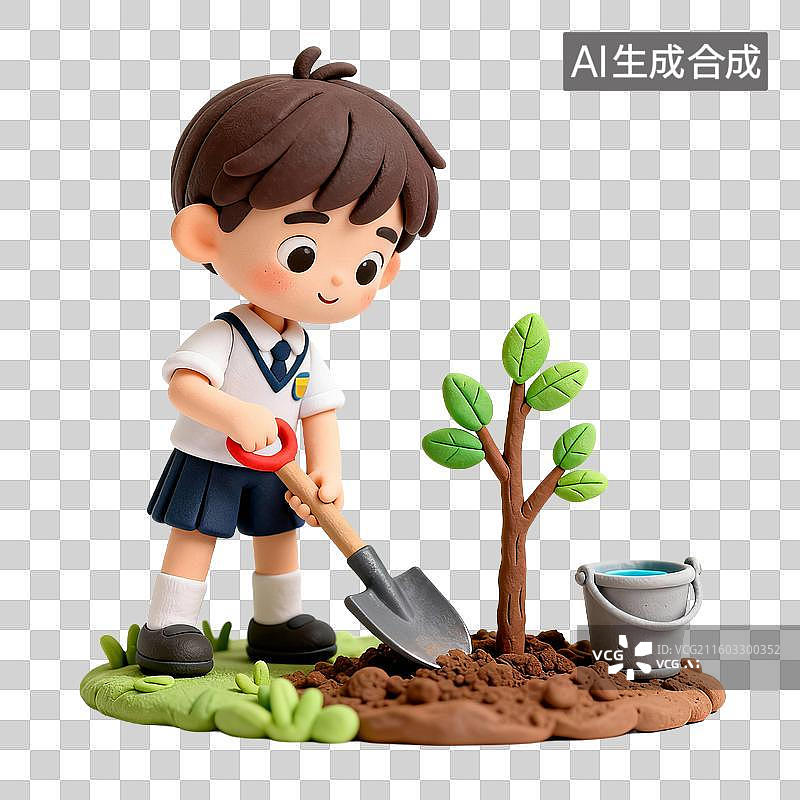【AI数字艺术】可爱孩童植树场景图片素材