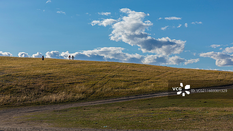 呼伦贝尔秋天辽阔草原上的游人图片素材