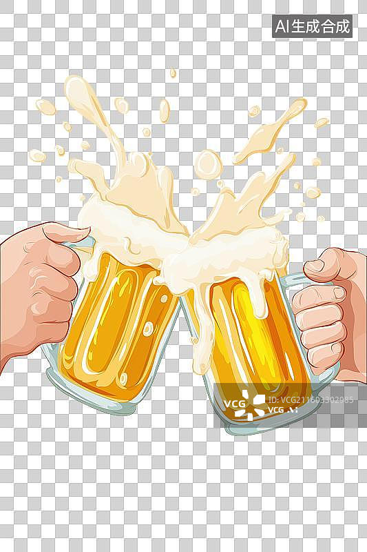 【AI数字艺术】两只啤酒杯碰杯溅起泡沫图片素材