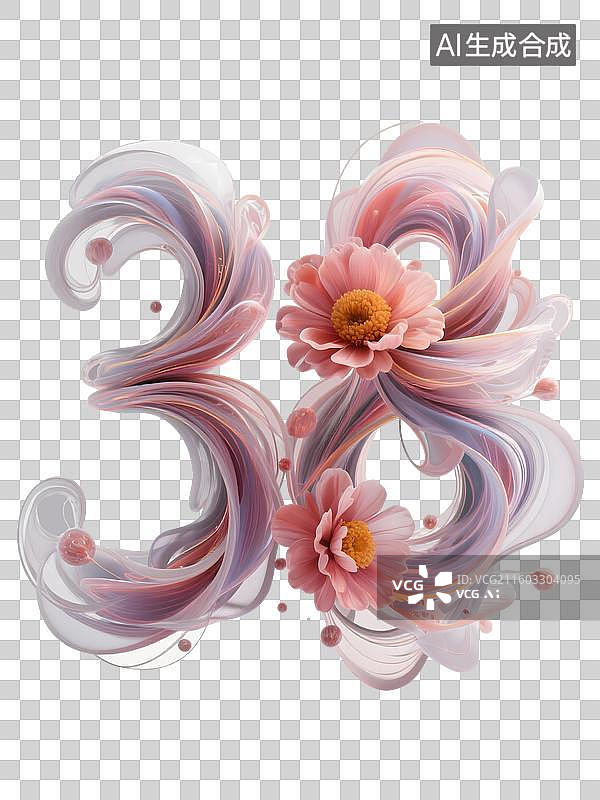 【AI数字艺术】AIGC：3D三八妇女节花朵流线形态艺术数字，设计元素，免抠图形图片素材