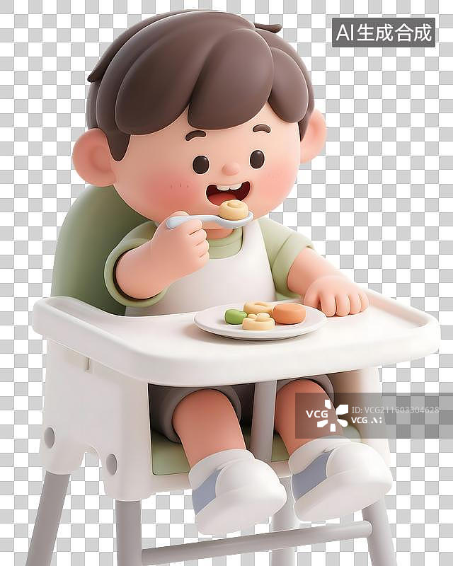 【AI数字艺术】AIGC：孩子坐在餐椅上学吃饭，成长，餐椅，母婴用品，元素，免抠图形图片素材