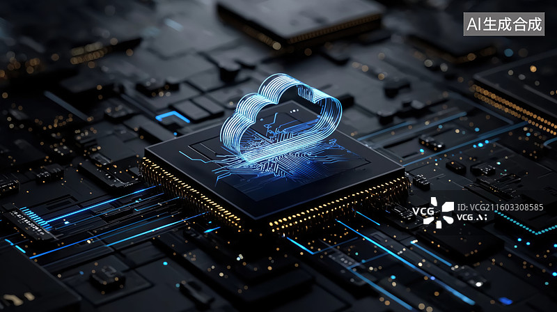 【AI数字艺术】发光云标志的芯片特写图片素材