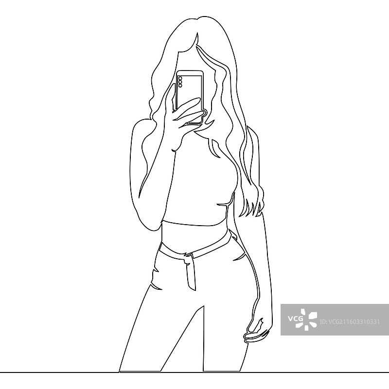 现代女孩自拍的连续线条画图片素材