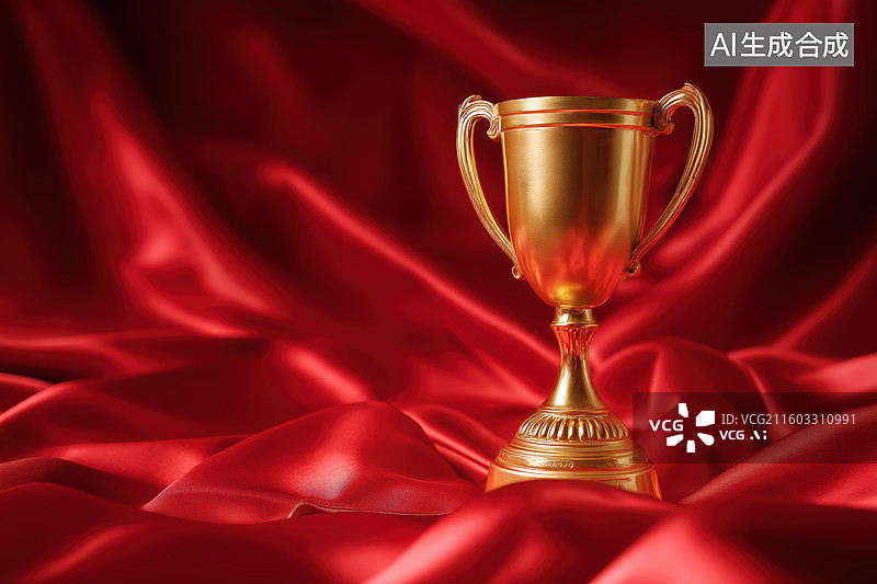 【AI数字艺术】金色奖杯置于红色绸布上图片素材