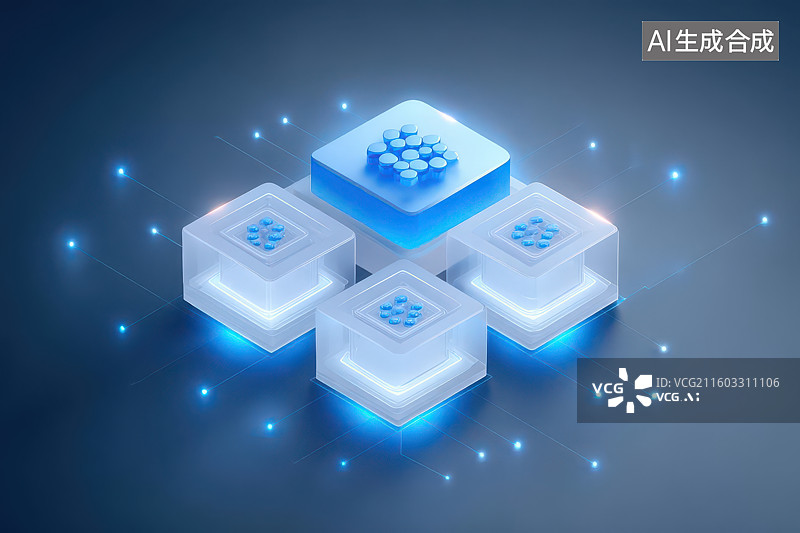 【AI数字艺术】蓝色发光方块电路板层叠电子元件图图片素材