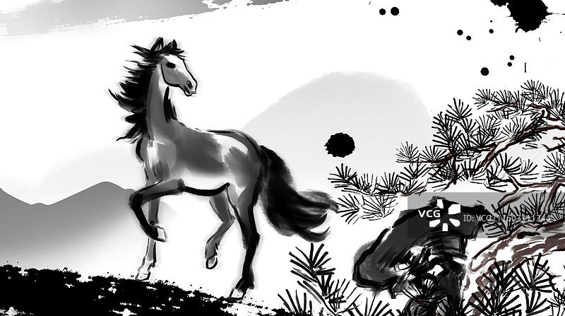 松树 水墨 山水 黑马 回头图片素材